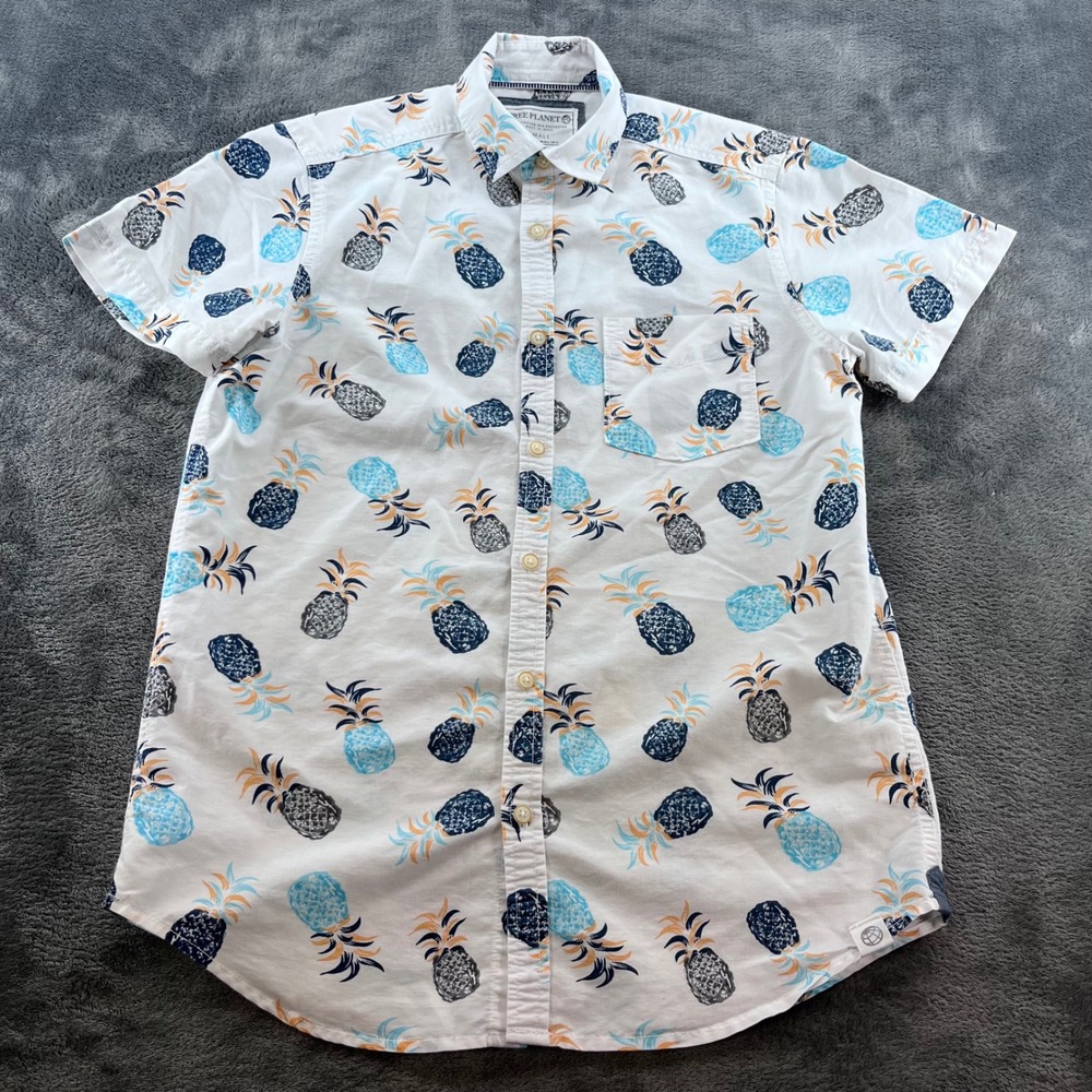 Free Planet Mens White Pineapple Print Short Sleeve Button Down Shirt Small